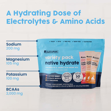 NativePath Native Hydrate Stick Packs with Electrolytes and Amino Acids Variety Pack Mixed Berry Peach Mango Tangerine 30 Servings