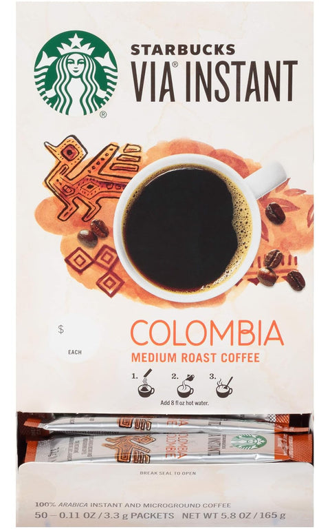 Starbucks VIA Instant Coffee, Medium Roast Coffee, Pike Place Roast, 100% Arabica, Single-Serve, 1 Box (50 Packets) | 100% Arabica instant coffee packets; Pike Place Roast medium roast; 1 box, 50 packets