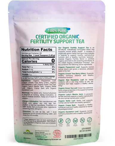 Zazzee USDA Organic Fertility Support Tea, 60 Servings, Balanced Blend of 8 Potent Herbs, Pleasant Mint Taste, 3 Ounces, All-Natural Fertility Support for Women, Non-GMO