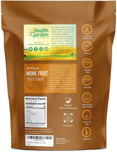 Health Garden Monk Fruit Sweetener Golden- Non Gmo - Gluten - 1:1 Sugar Substitute - her - Keto Friendly (2.5 Lbs)