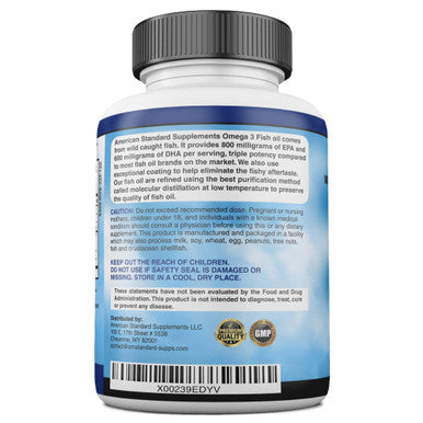 American Standard Supplements Triple Strength Omega-3 Fish Oil Ultra-Potent Non-GMO Omega-3 Supplement 2,000mg Fish Oil, 800mg EPA, 600mg for Improved Heart, Joint, Skin Health 120 Softgels