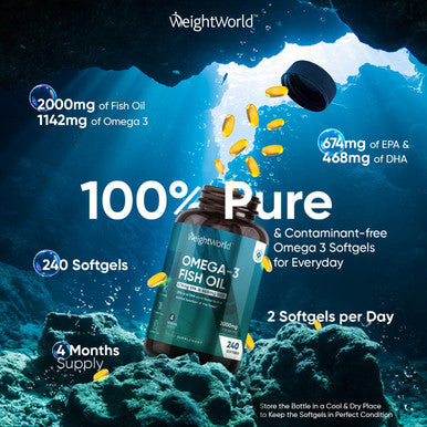 Weightworld Omega 3 Fish Oil 2000mg - 240 Capsules (4 Months Supply) - 674mg EPA & 468mg DHA - Cod Liver Oil Capsules Alternative - High Strength Omega 3 Fatty Acids Supplements for Eyes Brain & Heart (EFSA)