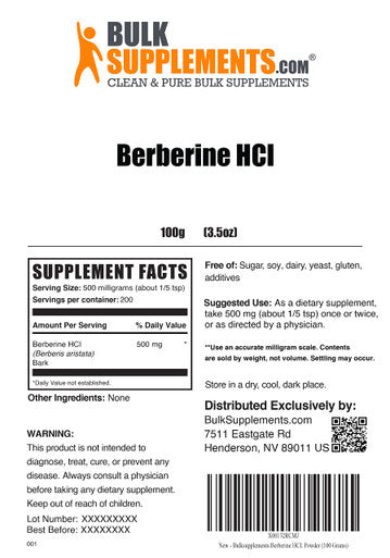 BulkSupplements Berberine Powder -Supplement for Immune Support, Sourced from Berberis Aristata - - 500mg , 200 Servings (100 Grams - 3.5 oz)