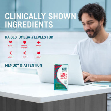 Kori Krill Kori Mind & Body Omega-3 Oil Omega 3, Brain Supplements for Memory and Focus, Lutein, Zeaxanthin, B12, Tumeric Curcumin, 60 Softgels (3 Pack)