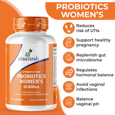 Aitnaturals Probiotics Women's-50 Billion (30 Capsules) | 15 Probiotics + Organic Prebiotic Fiber Promotes Digestive Wellness Support Immune System Bloating Bowel Movement Vaginal & Urinary Health