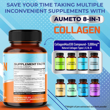 Aumeto Collagen Types I II III IV with Hyaluronic Acid Resveratrol Biotin Vitamin C - Advanced 8-in-1 Formula for Skin Hair Nails & Joint Support - Made in The USA (90 Count (Pack of 1))