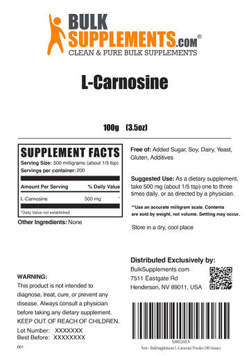 BulkSupplements L-Carnosine Powder Eye Supplement - Nerve Support - Amino for Brain (100 Grams - 3.5 oz)