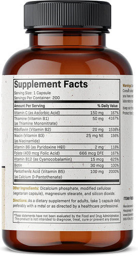 Futurebiotics Vitamin B Complex with Vitamin C Supports Energy Production, Nervous System & Immune Support - Non-GMO, 200 Vegetarian Capsules