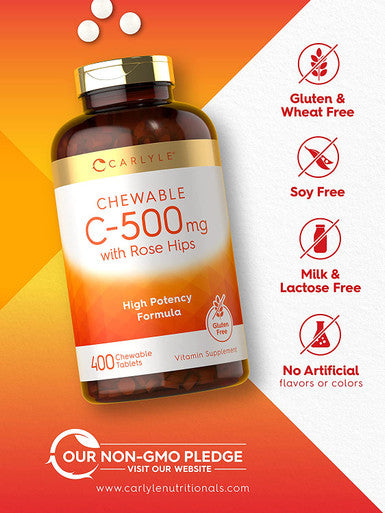 Carlyle Vitamin C 500mg with Rose Hips | 400 Chewable Tablets | Vegetarian | Non-GMO, Gluten Free