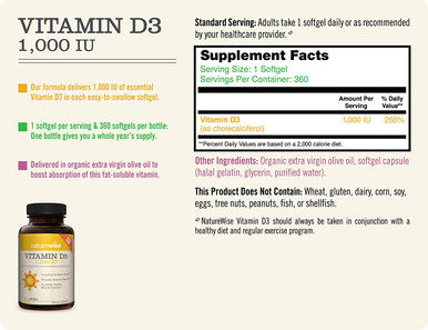 NatureWise Vitamin D3 1000IU 25 mcg 1 Year Supply for Muscle Function Bone Health and Immune Support NonGMO Gluten Free in ColdPressed Olive Oil Packaging May Vary 360 Softgels