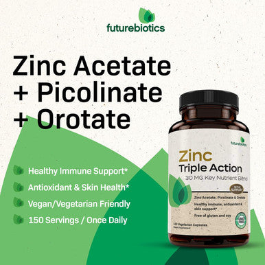 Futurebiotics Zinc Triple Action 30Mg Key Nutrient Blend Immune Support Zinc Supplement With Zinc Acetate, Picolinate & Orotate - Immune, Antioxidant & Skin Health Support - 150 Vegetarian Capsules