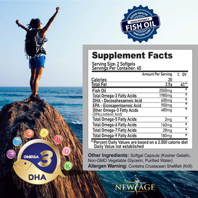 Omega 3 Fish Oil 2500mg Supplement by New Age ÃƒÂ¢Ã¢â€šÂ¬Ã¢â‚¬Å“ Immune & Heart Support ÃƒÂ¢Ã¢â€šÂ¬Ã¢â‚¬Å“ Promotes Joint, Eye, Brain & Skin Health - Non GMO 90 Softgels - EPA, DHA Fatty Acids Gluten Free