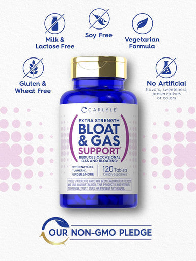 Carlyle Bloat & Gas Support for Men & Women | 120 Tablets | Extra Strength Pills | Supplement with Enzymes Turmeric Ginger & More | Non-GMO & Vegetarian Formula