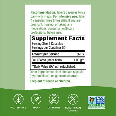 Nature'S Way Premium Herbal Pau D'Arco Inner Bark, Traditional South American Ingredient, 1,090 Mg Per Serving, 100 Capsules