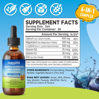 Liquid Calcium Citrate Drops With L-Lysine 500Mg, Magnesium & Zinc, Calcium Citrate 600Mg Supplement With Vitamin D3 & K2 For Kids & Adults, Muscle & Bone Support, Immune, Brain & Lip Health, 2 Fl Oz