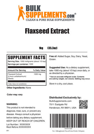 BulkSupplements Flaxseed Extract Powder - Flax Seed Supplement - Vegan Omega 3 Supplement - Ground Flaxseed Powder - Omega 3 Supplement - Flax Seeds Extract (1 Kilogram - 2.2 lbs)