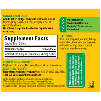Nature Made Vitamin E 267 Mg (400 Iu) D-Alpha Dietary Supplement For Antioxidant Support 100 Softgels 100 Day Supply