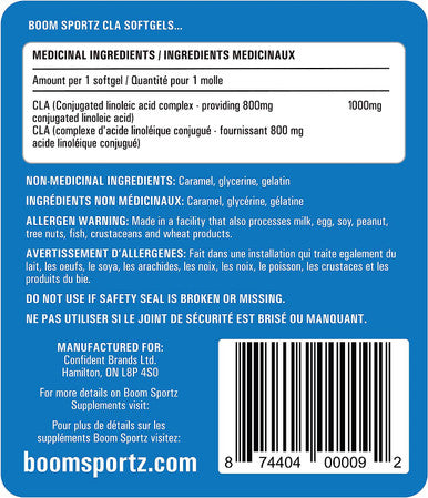 BOOM SPORTZ CLA (Conjugated Linoleic Acid) 180 Softgels 1000 mg - 90 Servings
