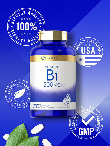 Carlyle Vitamin B1 500mg (Thiamine) | 200 Vegetarian Caplets | Non-GMO and Gluten Supplement
