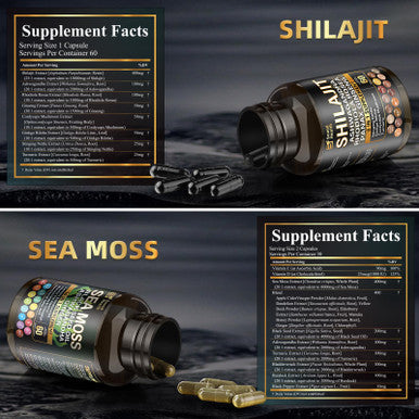 Sound Health Supplements Wild Organic Irish Sea Moss and Shilajit 8000mg Sea Moss 10000mg Shilajit Ashwagandha 2000mg Ginseng Vitamin C Vitamin D3 Black Seed Oil 2 Bottles of 60 Capsules