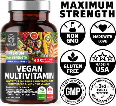 N1N Premium Plant Based Multivitamin [42 Powerful Ingredients] Men & Women Daily Multivitamins With Raw Veggies And Fruits, Probiotics, Alfalfa, Echinacea, Spirulina And Digestive Enzymes, 90 Tablets