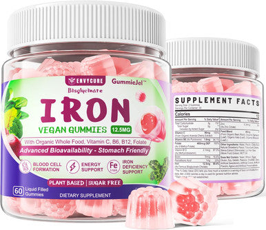 Vegan Iron Gummies Supplement - High Absorption Chelated Bisglycinate Iron With Vitamin C, B-Complex, Folate For Energy, Blood Builder Iron Filled Supplement For Adults & Kids - No After Taste, 60Cts