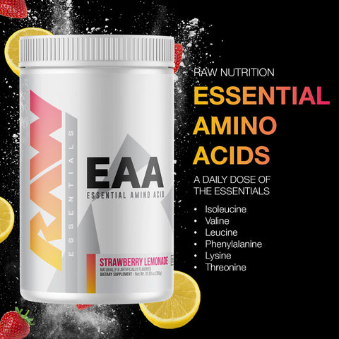 Raw Eaa Amino Acids Powder Strawberry Lemonade (25 Servings) - Pre Workout Amino Energy Powder For Strength Endurance Recovery & Lean Muscle Growth - Bcaa Amino Acids Supplement For Men & Women