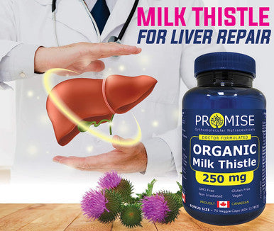Promise Organic Milk Thistle - 250mg each capsule, Support Liver Functions, Liver and Colon Cleanse Detox Supplement, Made in Canada 75 Caps