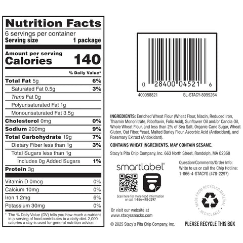 Stacy's Pita Chips Sea Salt No Artificial Colors or Flavors 1 Oz (Pack of 6)