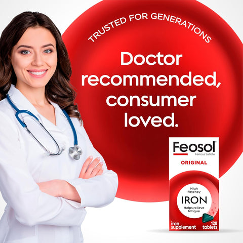 Feosol Original Iron Supplement Tablets Nonheme 325mg Ferrous Sulfate (65mg Elemental Iron) per Iron Pill 1 Per Day 120ct 4 Month Supply for Energy and Immune System Support Made in USA