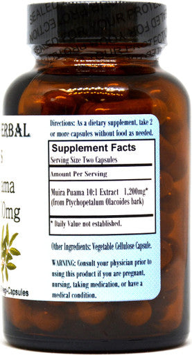 Barlowe's Herbal Elixirs Muira Puama 10:1 Extract 60 600mg VegiCaps Stearate Free Glass Bottle
