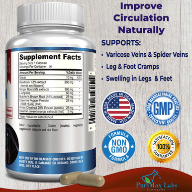 YUMMYVITE Blood Circulation Supplement - With Hawthorn, Butchers Broom, Horse Chestnut, Arginine, Diosmin, Varicose Veins Treatment, Circulation Support - 90 Capsules