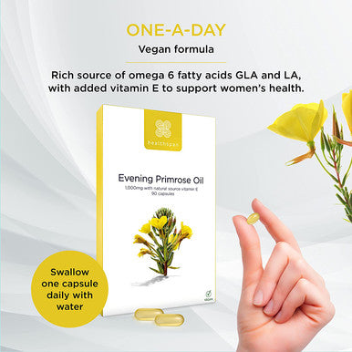 Healthspan Evening Primrose Oil 1,000mg (90 Capsules) | Omega 6 Fatty Acids | Women's Health | Added Vitamin E | Gamma Linolenic Acid & Linoleic Acid | Protects Cells from Oxidative Stress | Vegan