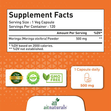 Aitnaturals Organic Moringa - 500 mg (120 Capsules) Rich Antioxidant formula Support Joint & Bone Health Boost Immunity & Digestion Promote Better Sleep Eye Skin & Hair Health Mobility | Non-GMO
