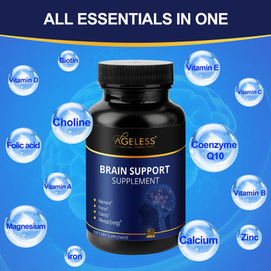 Ageless Brain Supplements for Memory and Focus & Cognitive Improvement | Nootropic Brain Supplement for Men & Women | Support Mental Clarity & Neuro Health | Including Vitamin B6, B12, 60 Capsules