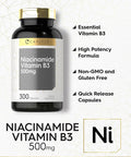 Carlyle Niacinamide Vitamin B3 | 500mg | 300 Capsules | Non-GMO Gluten Supplement