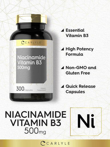 Carlyle Niacinamide Vitamin B3 | 500mg | 300 Capsules | Non-GMO Gluten Supplement