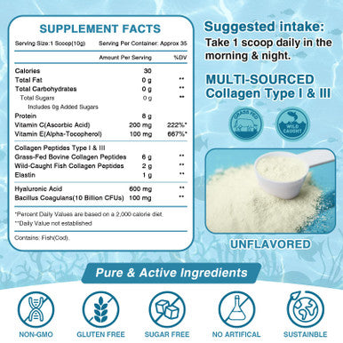 Nature Target Marine Collagen Peptides Powder 35 Servings - Type I, Iii Hydrolyzed Collagen Peptides With Probiotics, Vitamin C