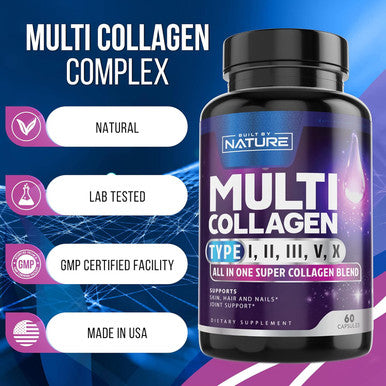 Built Nature Collagen Powder Pills, Hydrolyzed Type 1 & 3 Peptides, Grass-Fed 5-In-1 Multi Collagen Complex Supplement, Healthy Hair, Skin, Nails, Bones & Joints, Keto & Paleo Friendly, Non-Gmo, 60 Capsules