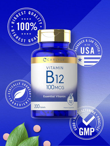 Carlyle Vitamin B12 100mcg | 200 Tablets | Essential Vitamin Supplement | Vegan Non-GMO and Gluten Formula