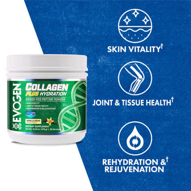 Evogen Collagen Plus Hydration - Grass-Fed Collagen for Women & Men | Collagen Peptides Powder | Collagen Powder Supporting Skin Vitality Hydration Joint & Tissue Health | Vanilla Bean | 30 Servings