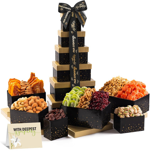NUT CRAVINGS - Purim Mishloach Manot Dried Fruit & Mixed Nuts Gift Basket, Green Tower + Ribbon (12 Assortments) Ramadan Gifts Food Arrangement, Healthy Snack Care Package, Kosher
