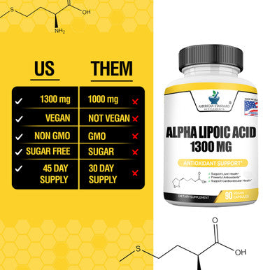 Alpha Lipoic 1300mg , ALA, Supports Glutathione Production, Supports Cardiovascular Health & Liver Health, Supports Overall Health, Powerful Antioxidants, 90 Vegan Capsules