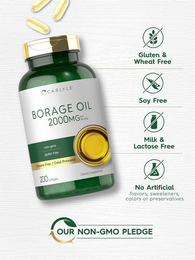 Carlyle Borage Oil Capsules | 2000mg | 200 Softgels | 320mg of GLA | Cold Pressed Seed Oil Supplement | Hexane | Non-GMO & Gluten