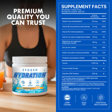 Evogen Hydration - Electrolytes Powder | Sugar-Free Electrolyte Powder Supplement for Hydration Energy and Recovery | Coconut Water B Vitamins Potassium | Tangerine | 30 Servings