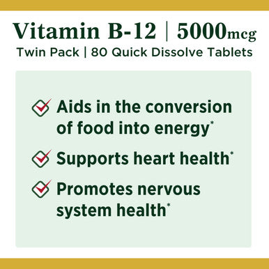 Nature's Bounty Vitamin B12 Quick Dissolve Vitamin Supplement Supports Energy Metabolism And Nervous System Health 5000Mcg 40 Tablets (Pack Of 2)