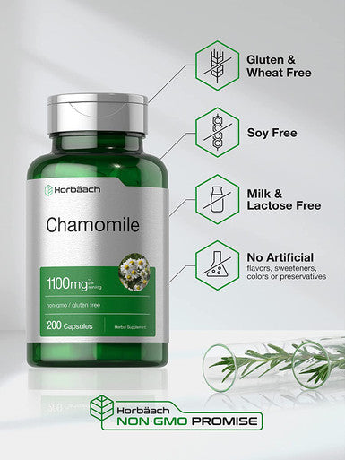 Chamomile Flower 1100mg 200 Capsules Non GMO Gluten Free Supplement by Horbaach