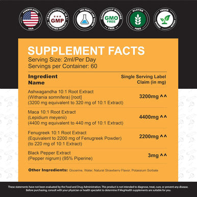 Ashwagandha Maca Fenugreek Extracts - Supports Energy & Focus - Liquid Supplement For Men & Women - 60 Day Servings, Vegan Drops (4 Oz)