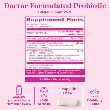 Pink Stork Prenatal Probiotics for Women with Vitamin B6 and Prebiotics - Morning Sickness Gut Microbiome and Immune Support - Pregnancy Probiotic - Pregnancy Must Haves 30 Capsules