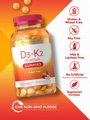 D3, K2, & Calcium Gummies | 120 Count | Vegetarian, Non-GMO, and Gluten Free Vitamin Supplement | by Carlyle